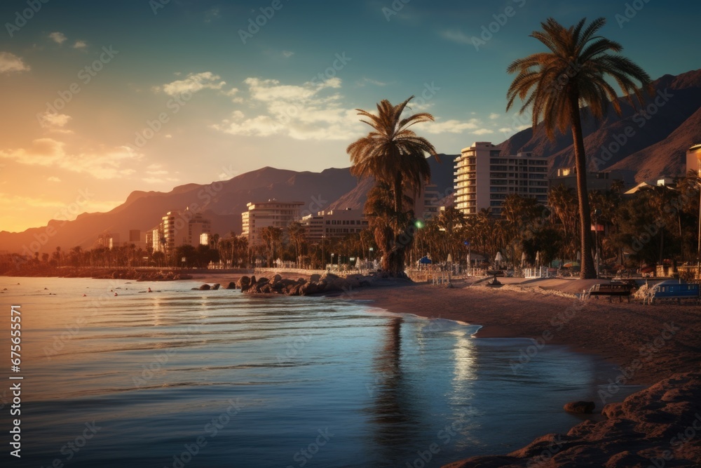 Poster a beautiful view of a beach with palm trees in the foreground. perfect for travel and vacation conce