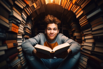 young indian college student with stack of books