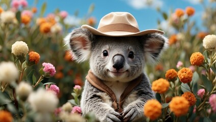 Fototapeta premium a koala wearing a hat in a field of flowers 