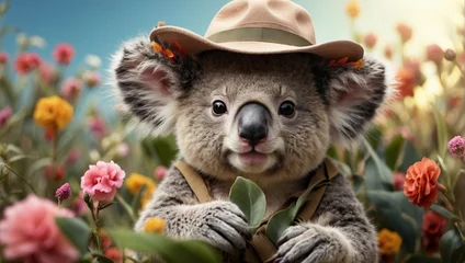 Foto op Plexiglas a koala wearing a hat in a field of flowers  © noah