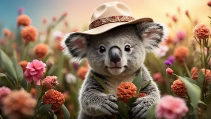 Poster Im Rahmen a koala wearing a hat in a field of flowers  © gabru 