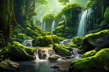 Beautiful waterfall in the deep forest with green mossy rocks.