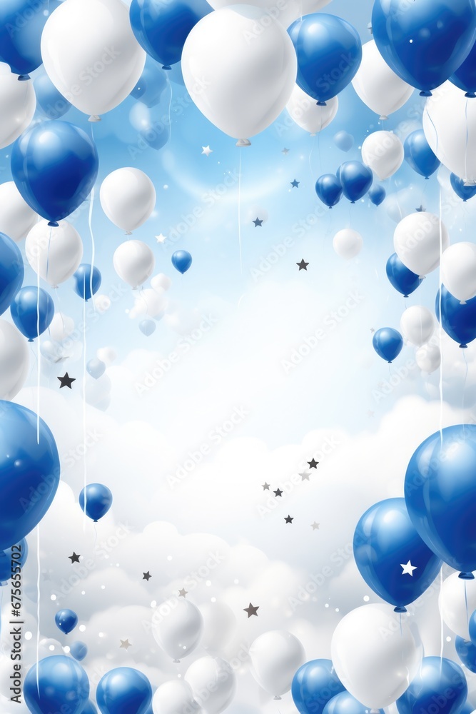Poster a picture of a bunch of blue and white balloons floating in the sky. this image can be used for vari