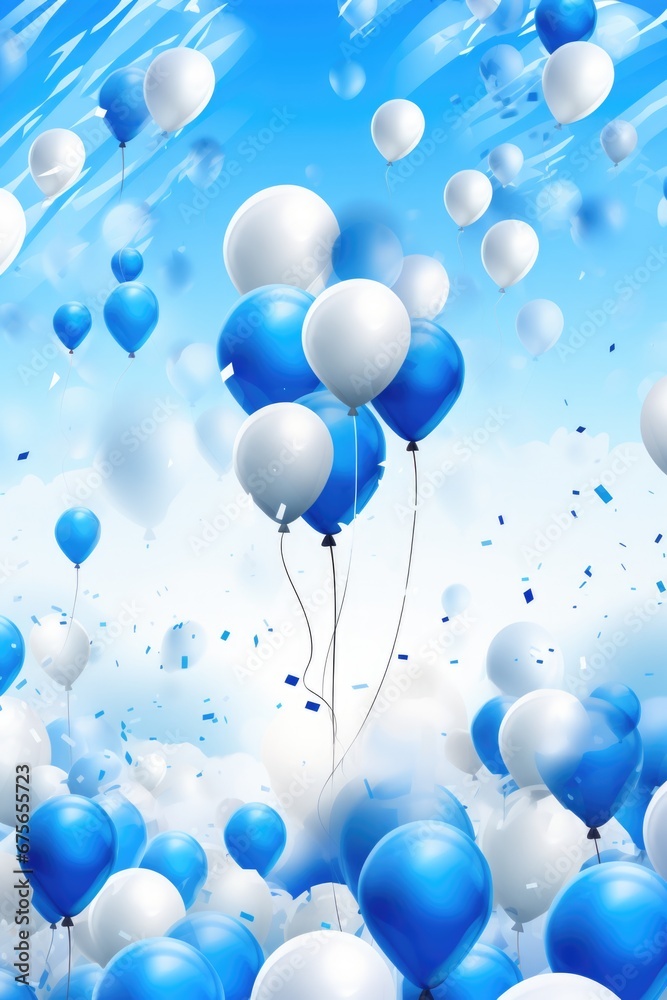 Poster A vibrant image showcasing a bunch of blue and white balloons floating in the air. Perfect for adding a touch of celebration and joy to any project