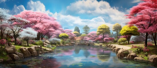 In the beautiful garden of Japan against a vibrant blue sky a colorful landscape of pink flowers blossoming trees and a lush greenery provides a picturesque background perfectly depicting t - obrazy, fototapety, plakaty