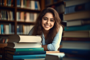 Young college girl sitting in library with many books and smiling