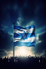 Naklejka premium A large Israeli flag flying high in the sky. Perfect for patriotic events and national celebrations