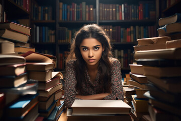 College girl sitting in library with many books