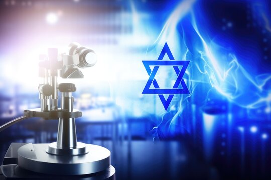 A microscope with a Star of David in the background. This image can be used to represent scientific research and discovery in a Jewish context