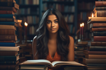 College girl sitting in library with many books - obrazy, fototapety, plakaty