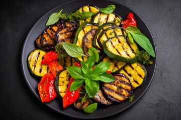 Grilled vegetables - eggplant, aubergine, pepper and tomato on black plate