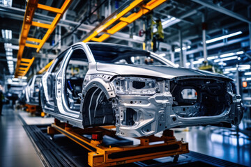 Car production line. Assembling a car on a conveyor belt. Close-up of a car body. Automotive industry Interior of a high-tech factory, modern production.
