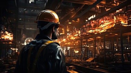 A worker in a safety helmet at an industrial plant works with equipment and pipes