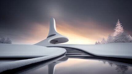 Snow-covered bionic architectural form in a winter landscape with river and trees