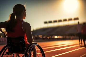 Photo of a woman in a wheelchair participating in a track race - obrazy, fototapety, plakaty
