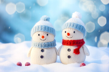 Two snowmen in knitted hats and scarves on bright background