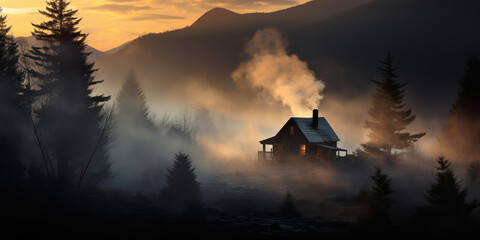 Smoke curls from the cabin chimney, a soft signal of warmth in the crisp mountain air