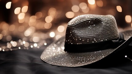 Silver Sequin Fedora Hat on Black Fabric with Blurred Lights - obrazy, fototapety, plakaty