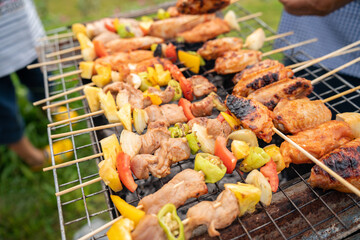 Assorted delicious grilled meat with vegetables on barbecue grill with smoke and flames. Grilling some kind of meats on the Charcoal stove grill during lovely summer time, food concept.