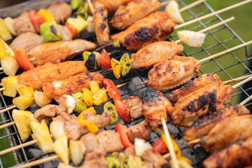 Assorted delicious grilled meat with vegetables on barbecue grill with smoke and flames. Grilling some kind of meats on the Charcoal stove grill during lovely summer time, food concept.