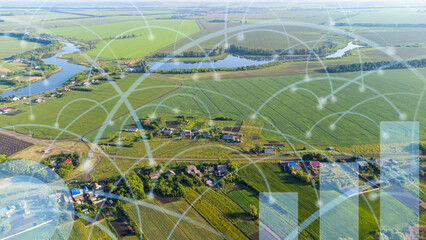smart rural concept. Agriculture and technology. Communication network, artificial intelligence in...