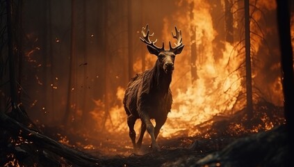 Deer in the forest during a fire