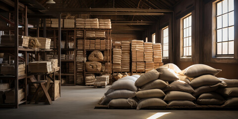 The warehouse is a temporary stop for the bulk bags, their contents a mystery wrapped in woven fabric - obrazy, fototapety, plakaty
