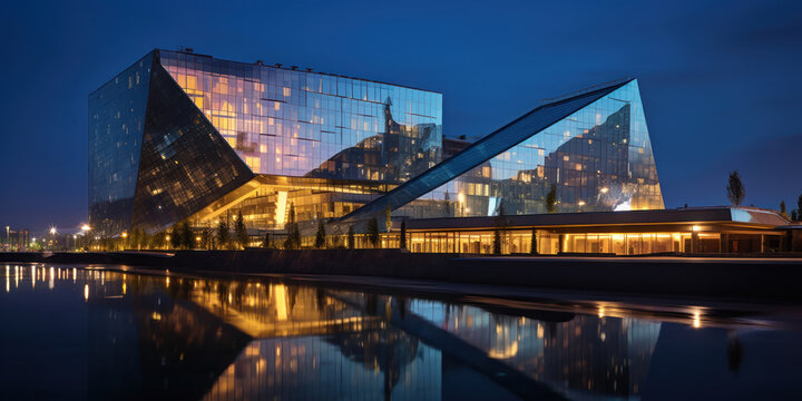 At night, the modern glass hotel becomes a beacon of light, its reflection a dazzling spectacle in the urban night sky