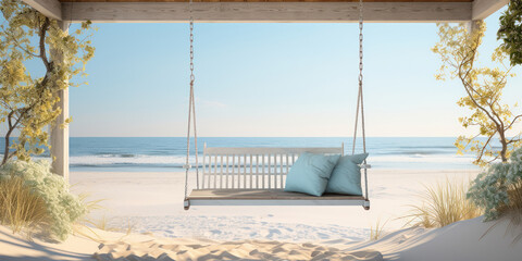 The swing hangs lazily from the porch, an invitation to sit and gaze out at the beach's serene beauty - obrazy, fototapety, plakaty