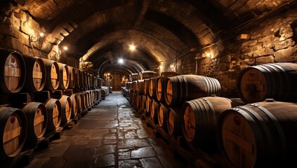 Wine barrels in underground cellar