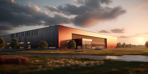 Amidst the fields, the warehouse's presence is both imposing and essential, a hub of activity and productivity