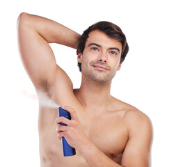 Deodorant, armpit spray and man with aroma product container for beauty, grooming and body hygiene....