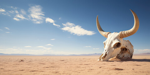 The bull skull rests on the desert floor, a stark relic against the backdrop of vast, sandy solitude - obrazy, fototapety, plakaty