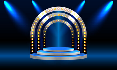 Stage podium with lighting, Stage Podium Scene with for Award Ceremony on blue Background, Vector illustration