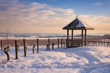 The warm glow of sunset bathes a gazebo amidst a snowy vineyard, contrasting the cool winter blues and whites.