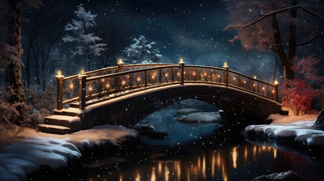 An ornate bridge adorned with lights spans a tranquil stream in a snow-covered landscape under a starry winter night. - Powered by Adobe
