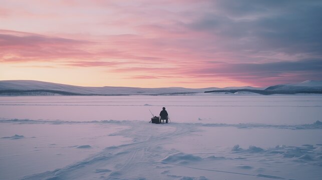 A person ice fishing is silhouetted against a pink-hued snowy expanse under a twilight sky, exuding peace and solitude.