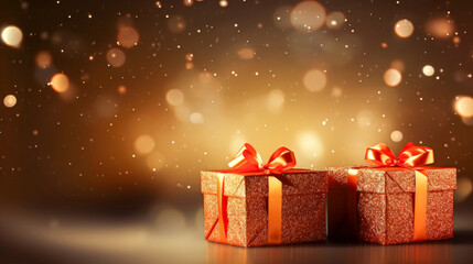 Gift boxes with golden bow on bokeh background. Christmas and New Year concept.