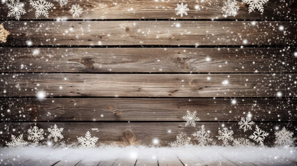Christmas background with snowflakes and wooden planks and snowfall