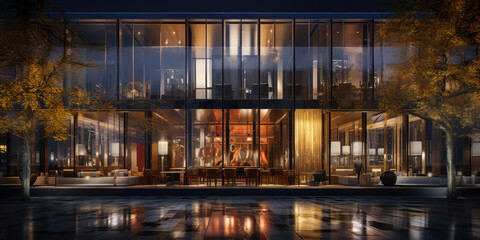 The hotel sleek glass facade mirrors the darkness, the lights within painting a picture of warmth and activity