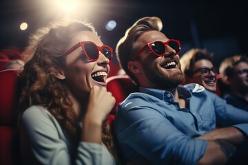 Young man with young blonde woman watching movie sharing cheerful smiles on faces. Boyfriend and girlfriend smile enjoying movie.