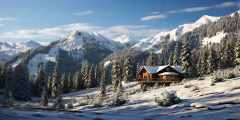 The traditional cabin stands resolute on the mountain slope, its backdrop a tapestry of snow-dusted pines