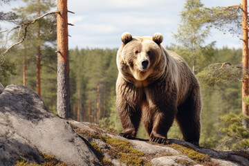 Obraz premium A fierce ursus arctos or giant brown bear walks through the green abundant pine forest. Generative AI.