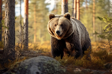 A fierce ursus arctos or giant brown bear walks through the green abundant pine forest. Generative AI.