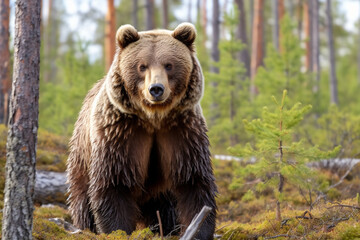 Obraz premium A fierce ursus arctos or giant brown bear walks through the green abundant pine forest. Generative AI.