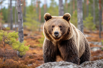 Fototapeta premium A fierce ursus arctos or giant brown bear walks through the green abundant pine forest. Generative AI.
