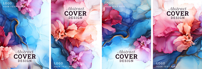 Colorful artistic cover template set, Luxury nature leaves pattern design, leaf line art, Hand drawn outline design for fabric, print, background, cover, banner and invitation - obrazy, fototapety, plakaty