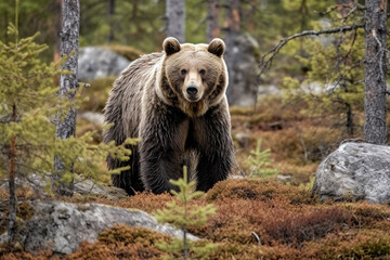 Fototapeta premium A fierce ursus arctos or giant brown bear walks through the green abundant pine forest. Generative AI.