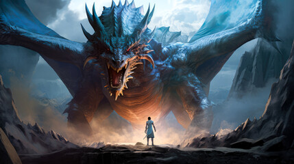 Fantasy scene with a knight and dragon. - obrazy, fototapety, plakaty