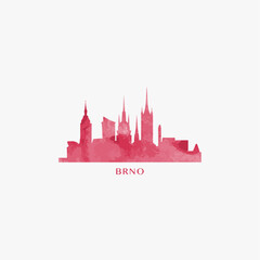 Brno watercolor cityscape skyline city panorama vector flat modern logo, icon. Czech Republic town emblem concept with landmarks and building silhouettes. Isolated red graphic